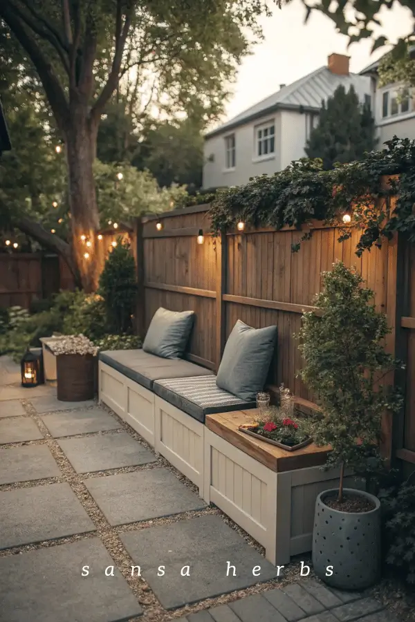 Storage bench in a small garden patio