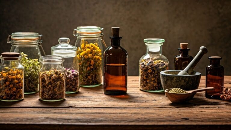 Best ways to take herbs – herbal powders, tinctures, and capsules on apothecary table