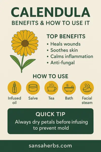 calendula-uses-info Calendula infographic showing benefits and common uses like oil, salve, and tea growing in your medicinal herb garden