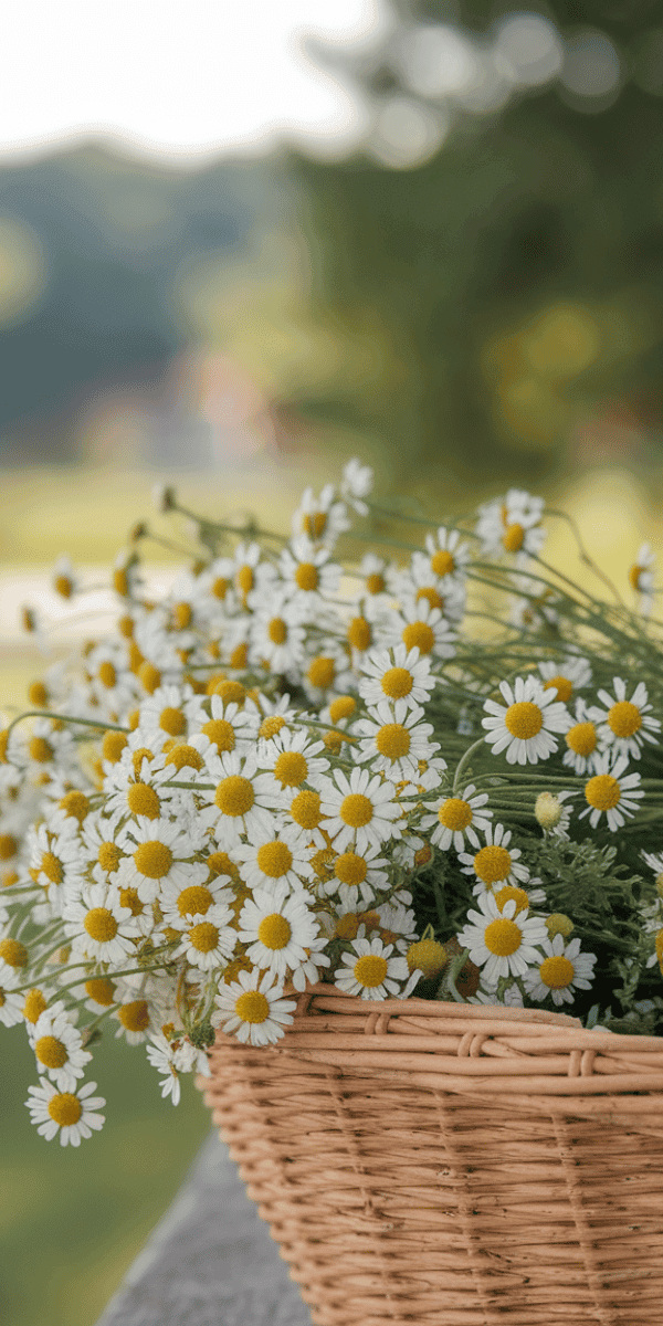 chamomile-flowers freshly harvested chamomile flowers in a wicker basket