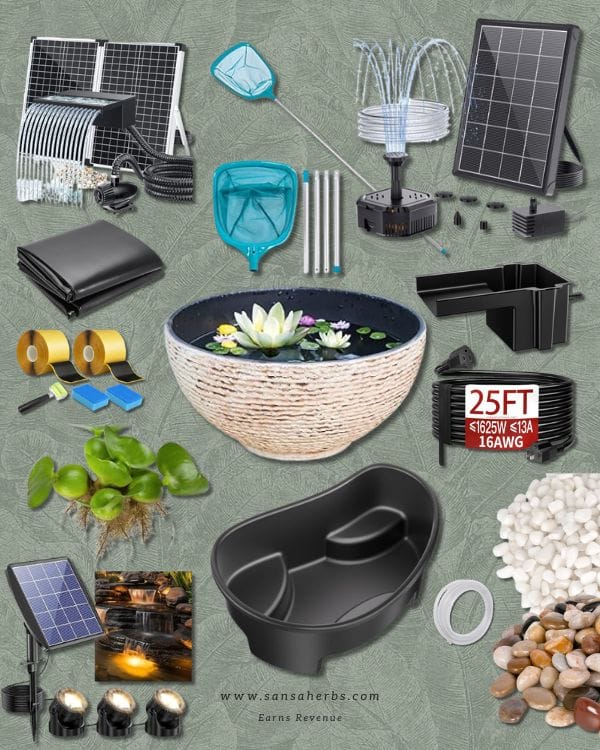 diy water feature (2) complete list of all products discussed in the blog, including fountains, pond lights, river stones, pond liner, tubing, pond net, and plants