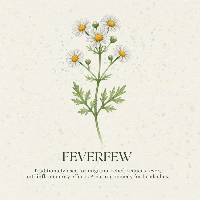 feverfew-illustration Feverfew Reduces the intensity and frequency of headaches and migraines. Traditionally used as a natural fever reducer and anti-inflammatory.