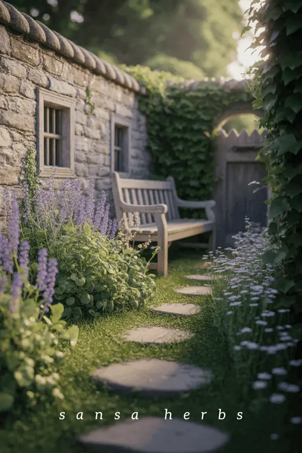 a backyard with curvy path 