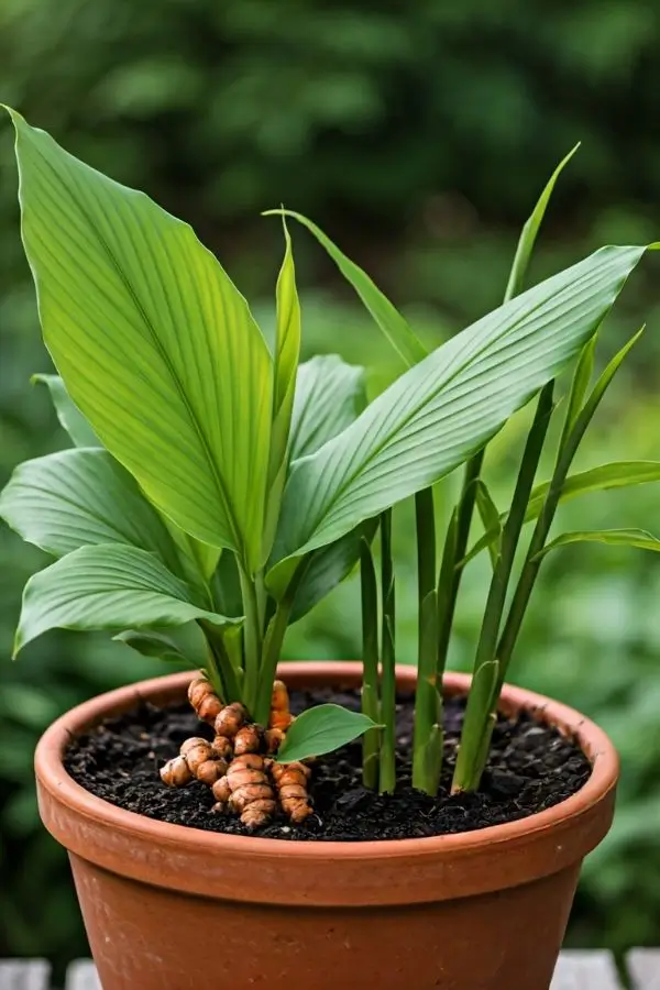 growing-turmeric-ginger-together image of ginger and turmeric growing together in a pot