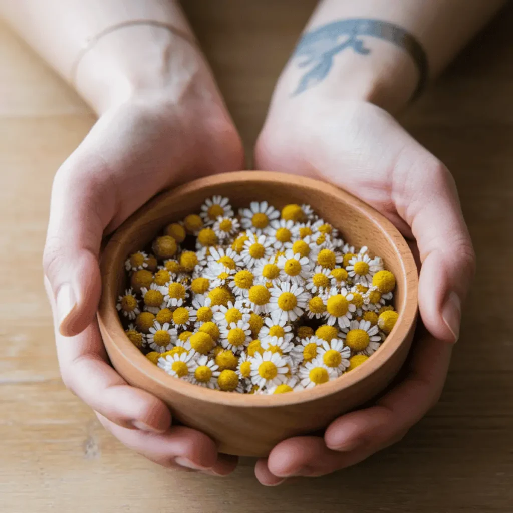 close up of a bowl of freshly harvested chamomile flowers