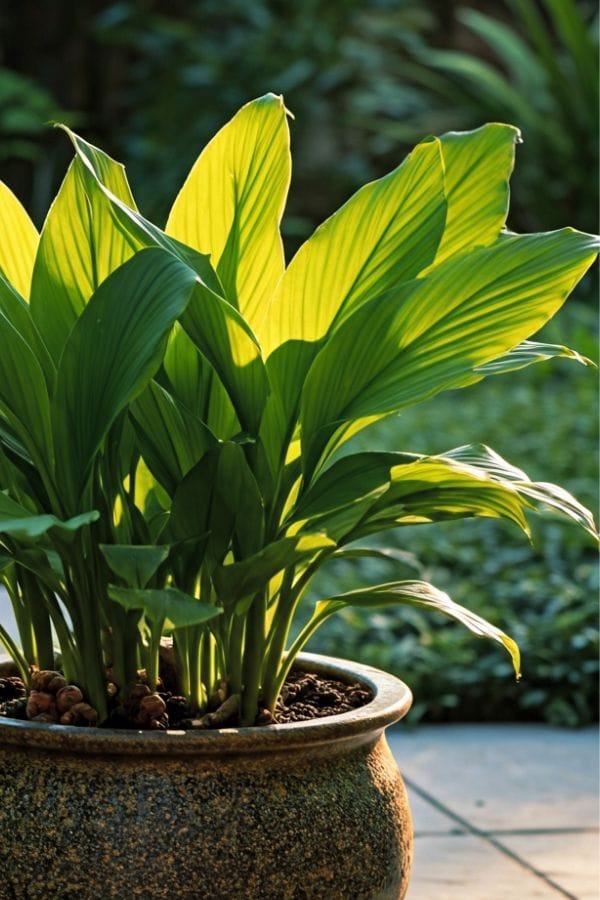 Turmeric plant growing in a gold textured ceramic pot on a wooden table, styled in a warm indoor setting