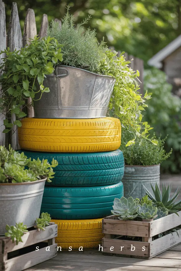 tires and old basins repurposed as planters